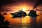 luxury yacht surrounded by spectacular tropical island, with sunset in the background
