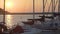 Luxury yachts docked at marine, beautiful seascape, romantic sunset on horizon