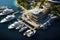 Luxury yachts in the marina. 3d rendering, Aerial view of the yacht club. Aerial top down view of docked sailboats. Top down view