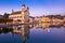 Luzern church and Reuss river waterfront dawn view