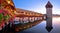 Luzern wooden Chapel Bridge and tower panoramic view