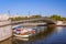 Luzhkov bridge in Moscow and river boats underneath