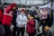 LVIV, UKRAINE - APR 02, 2022: Volunteers in tent camp of World Central Kitchen and Red Cross helping to feed and aid thousands of