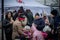 LVIV, UKRAINE - APR 02, 2022: Volunteers in tent camp of World Central Kitchen and Red Cross helping to feed and aid thousands of