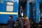 LVIV, UKRAINE - APR 02, 2022: War in Ukraine. Refugees women, children, elderly from the evacuation train from Mariupol, Berdyansk