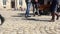 LVIV, UKRAINE - APRIL 14, 2019: Bottom view of the legs of people who stand on the pavement and pass by.