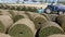 LVIV, UKRAINE - APRIL 14, 2019: The process of laying a football field from rolled of twisted green natural grass