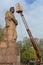 LVIV, UKRAINE - April 16, 2018: Cleaning expert clean the monument to Ivan Franko.