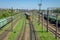 LVIV, UKRAINE - APRIL 2018: The railway station on which there are many freight trains and wagons