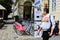 LVIV, UKRAINE - AUGUST 22 , 2017 , City bikes for rent sponsored by Vodafone company standing in a row on the bike parking place w