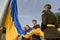 Lviv, Ukraine - August 23, 2022: Ukrainian members of the honour guard attend a ceremony to mark the Day of the National Flag of