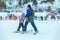 LVIV, UKRAINE - January 12, 2019: little girl novice skier. learning how to skiing