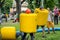 LVIV, UKRAINE - JUNE 2016: Young guys fighting in a comic battle of inflatable balls and helmets