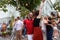 Lviv, Ukraine - June 9, 2018: Salsa dancers in outdoor cafe near Diana fountain at Market square in Lviv