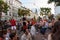 Lviv, Ukraine - June 9, 2018: Salsa dancers in outdoor cafe near Diana fountain at Market square in Lviv