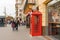 Lviv, Ukraine. March 2020. Red telephone box on the streets of old Gord