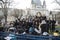 Lviv, Ukraine - March 28, 2019: Group of Jewish singing songs and having fun after good trip. Near Lviv railway station