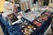 Lviv, Ukraine - May 16, 2021 : Antiques and vintage jewelry on flea market - jewelry, silver brooches and other vintage