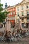 Lviv, Ukraine - May 17, 2020 : Grand Cafe Leopolis, empty restaurant with open terrace in the city center. Vertical