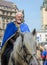 LVIV, UKRAINE - MAY 2018: Knight sitting on a horse in a carnival costume rides in the center of the city on parade