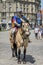 LVIV, UKRAINE - MAY 2018: Knight sitting on a horse in a carnival costume rides in the center of the city on parade