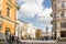 Lviv, Ukraine. October 2019. The beautiful streets of the old city with tram tracks on a Sunny day, the view of the Market square