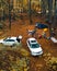 Lviv, Ukraine - October 25, 2020: friends gathered in forest for autumn barbeque