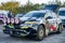 Lviv, Ukraine - Otober 2015: A racing car for the rally in a closed garage before the start of the race which sets up a mechanic a