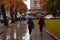 LVIV, UKRAINE - September 7, 2018: rain in city. people walking with umbrella