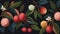 lychee on a dark background. Flora ornament, colorful pencil style. Generative AI