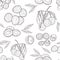 Lychee seamless pattern, sketch hand drawing vector. Repeating background with lychee, whole fruit and halves on a