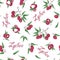 Lychee seamless pattern. Watercolor bright dark red juicy fruits on the branches, berries with leaves and an inscription isolated