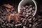 Lying coffee cup with coffee beans cinnamon and anise