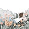 Lying girl in sneakers reading book in the mountain landscape with flowers, and lake. Cartoon panorama of summer nature