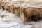 lying pieces of ice on the seashore, icicles of different sizes, textures of sand and ice in the dunes