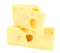 Lying on top of each other two triangular pieces of Maasdam cheese isolated on a white background