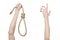 Lynching and suicide theme: man\'s hand holding a loop of rope for hanging on white isolated background