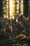 Lynx family in the forest clearing in summer evening with setting sun.