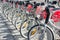 LYON, FRANCE - on APRIL 15, 2015 - Shared bikes are lined up in the streets of Lyons, France. Velo\'v Grand Lyon has over 340 stati