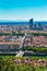 Lyon panorama elevated view on sunny day. Aerial panoramic view of Lyon with the skyline. Top view of Lyon cityscape with Pont