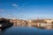 Lyon skyline with footbridge over the Saone river and waterfront