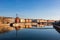 Lyon skyline with footbridge over the Saone river and waterfront