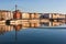 Lyon skyline with footbridge over the Saone river and waterfront