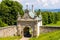 Lysa Gora, Swiety Krzyz mount with gate to Benedictive Abbey in Swietokrzyskie Mountains near Nowa Slupia in Poland