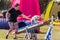 LYSA NAD LABEM, CZECH REPUBLIC - SEPTEMBER 26, 2021: Dog and a handler running over see-saw during agility competition