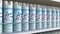 Lysol disinfectant spray cans on a store shelf, editorial 3D rendering. COVID-19 coronavirus disease preventive measures