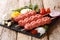 Lyulya, kofta, kofte kebab from raw minced meat on skewers with