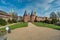 LÃœBECK, GERMANY - APRIL 10, 2019: Holsten gate Holstentor, a city gate in front of the old town of LÃ¼beck