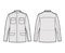 M-65 field jacket technical fashion illustration with oversized, stand collar, hide hood, flap pockets, epaulettes