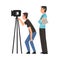 M Cameraman Shooting with Video Camera on Tripod, Anchorman Standing Next to Him, Television Industry Concept Cartoon